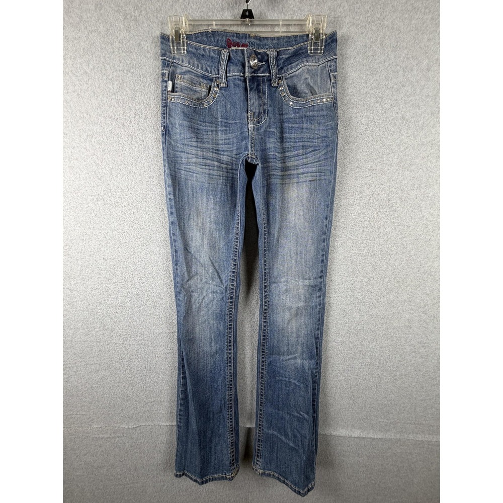 Baker Street Jeans‎ Juniors 1 Blue Bootcut Stretch Rhinestone Studded Distressed